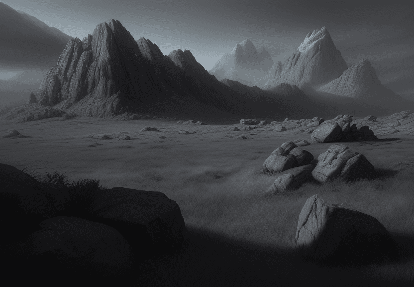 AI generated: William Wallace Planice Field Scenery, High Contrast, Concept Art, Rocks, Mountain, Dramatic Lightin...