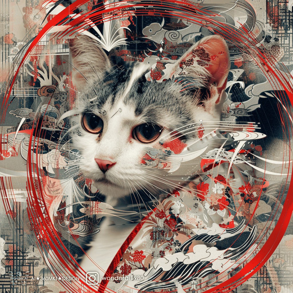 AI generated: A Japanese cat is portrayed in an abstract, geometric style using the colors white and red, with tra...