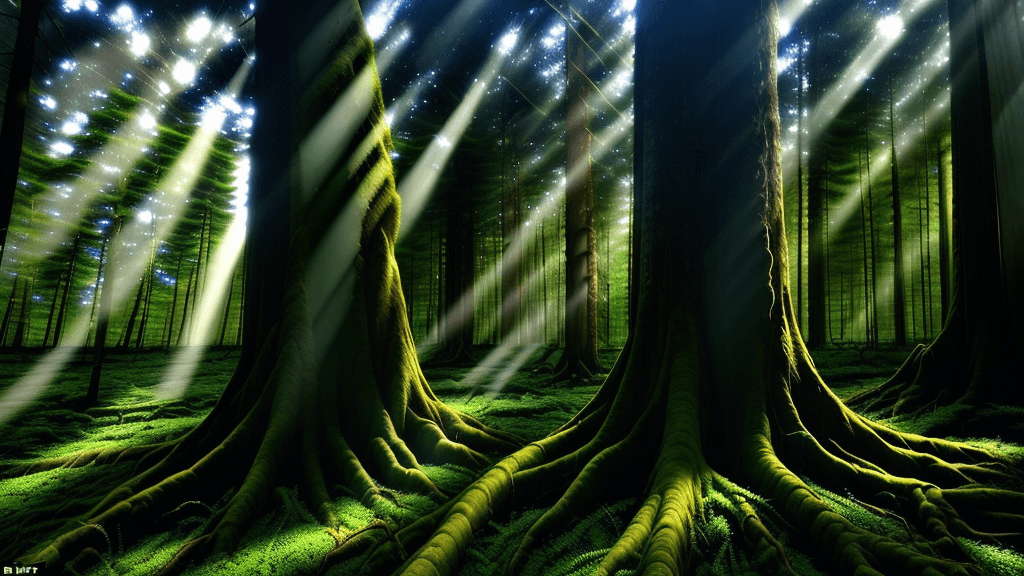 AI generated: This is a huge, ancient forest where the trees grow to the sky. Their leaves (or needles) cover the ...