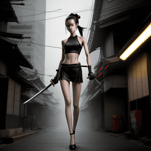 AI generated: 
A slender athletic girl with long legs, very high-heeled shoes, in her hand a long samurai katana s...