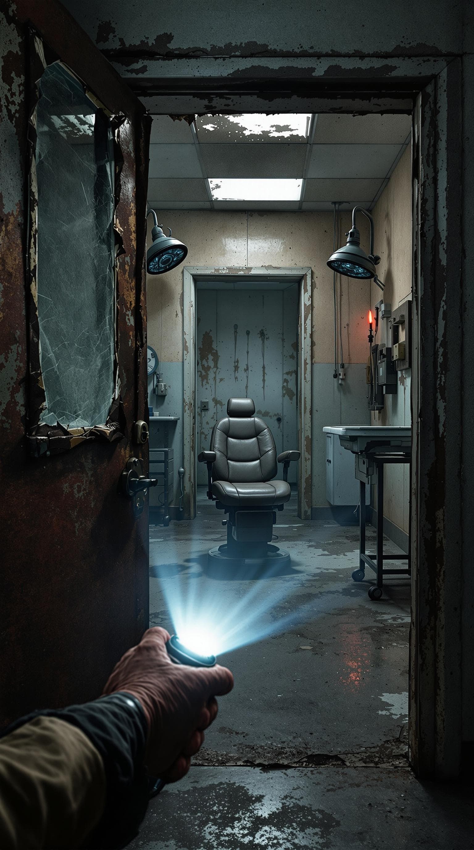 AI generated: "A hyper-realistic first-person perspective of a person cautiously stepping into a decayed medical t...