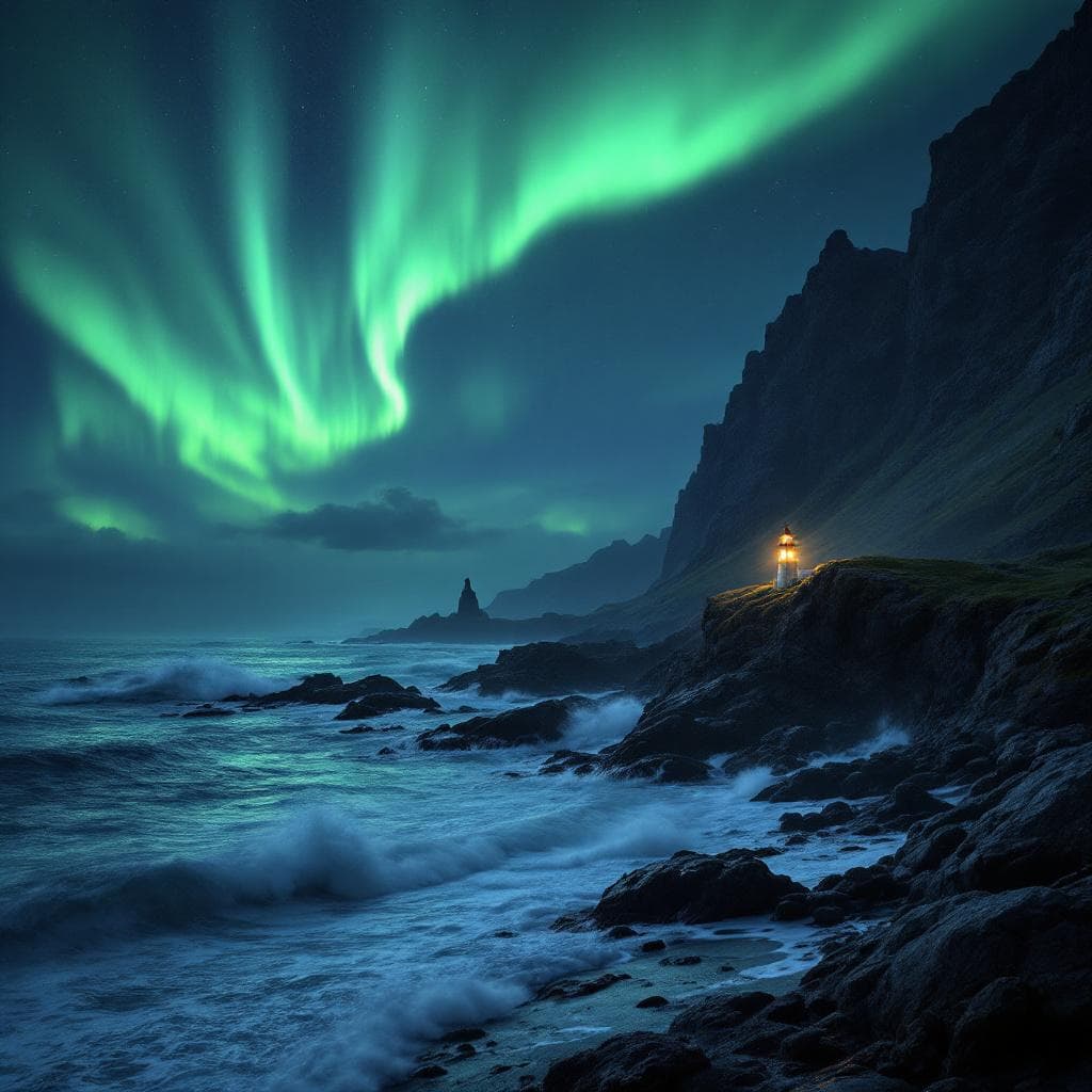 AI generated: A breathtaking coastal landscape at night with dramatic green aurora lights filling the sky. Waves c...