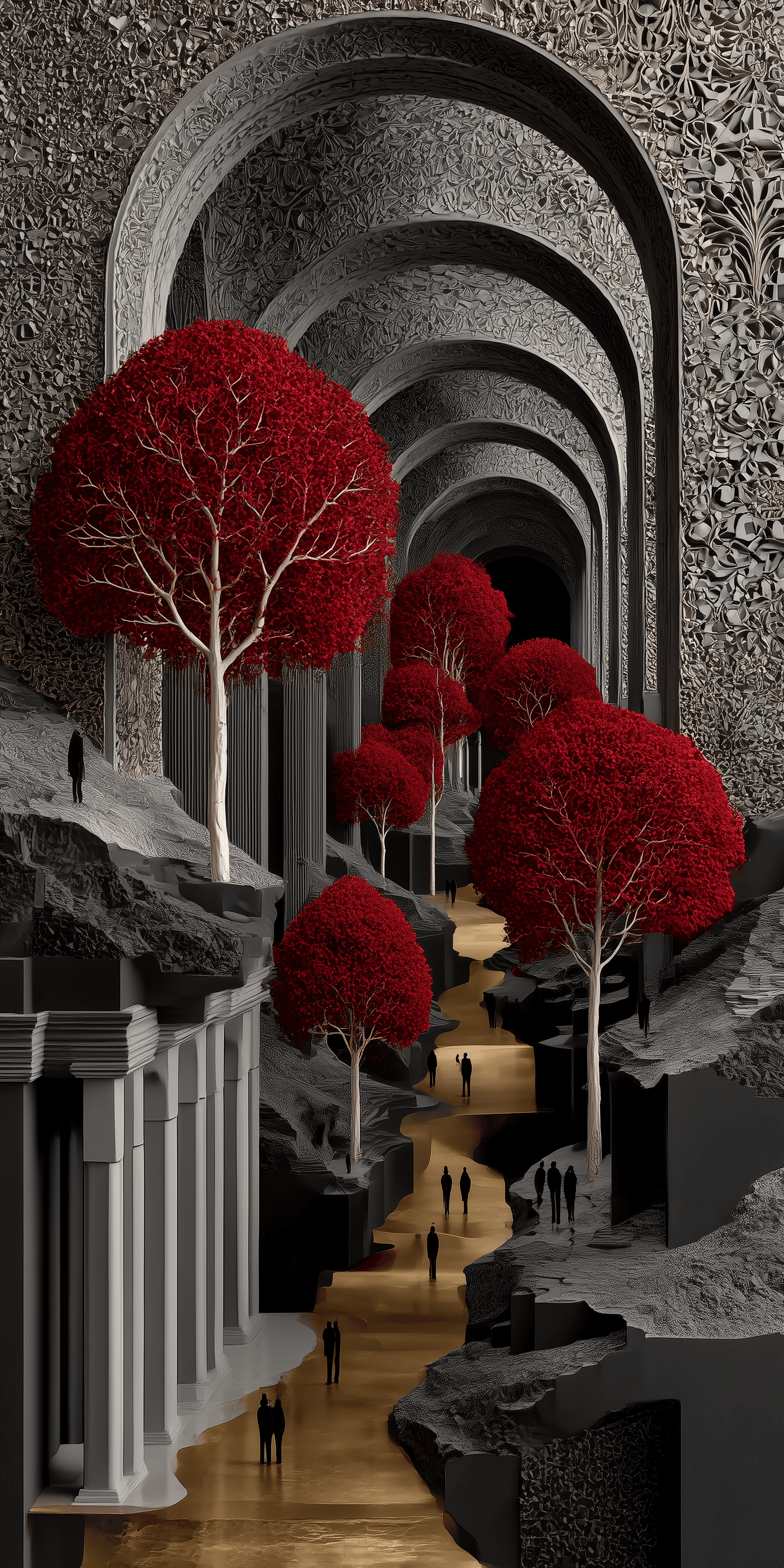 AI generated: A surrealistic landscape of red trees and golden paths in the middle, people walking around, with gr...