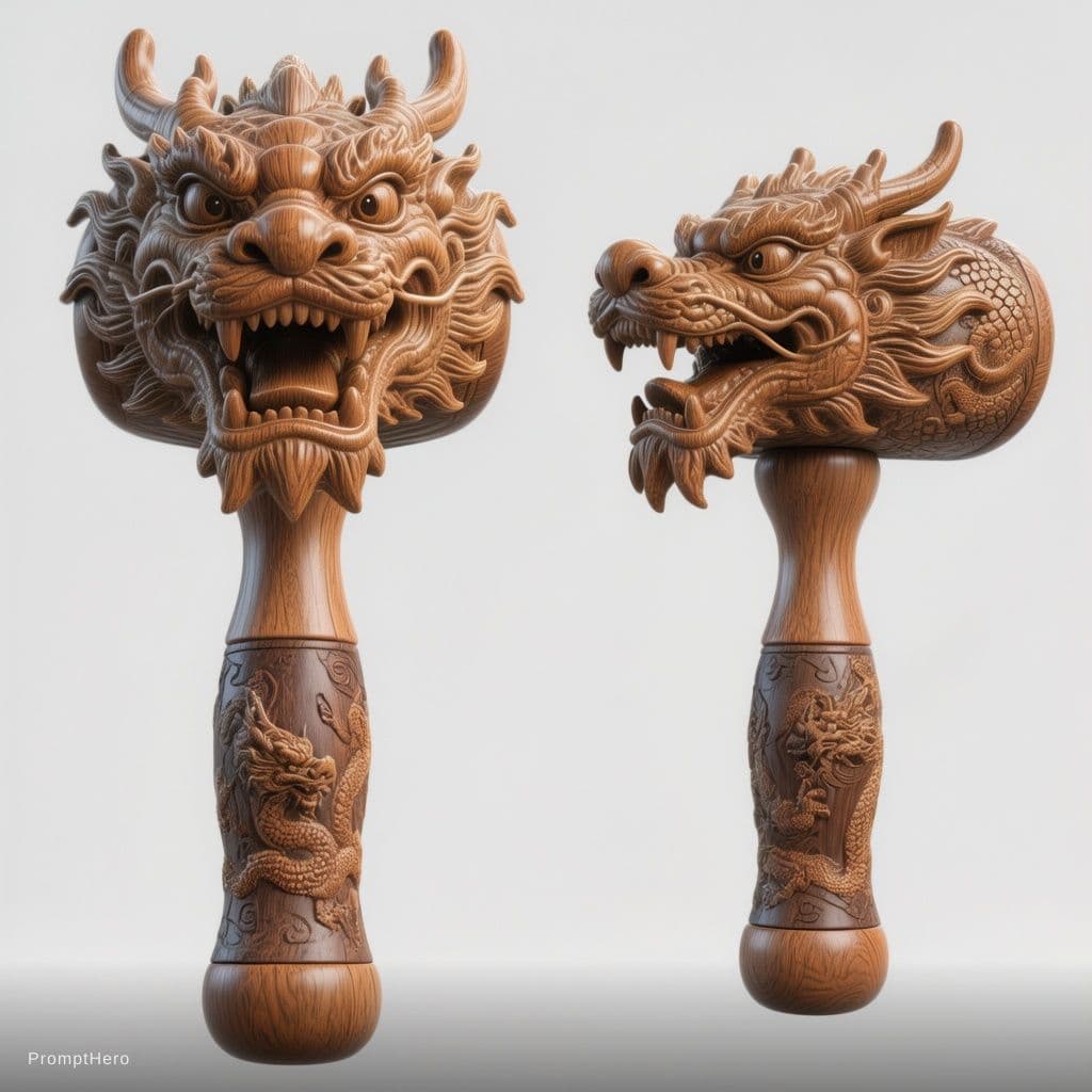 AI generated: Chinese dragon head massage hammer, carved dragon head design, wooden handle stick, traditional Chin...