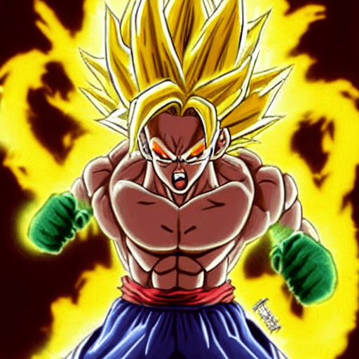 AI generated: hyper-realistic image of Goku in his Super Saiyan 2 form, with yellow hair, green eyes, fair skin an...