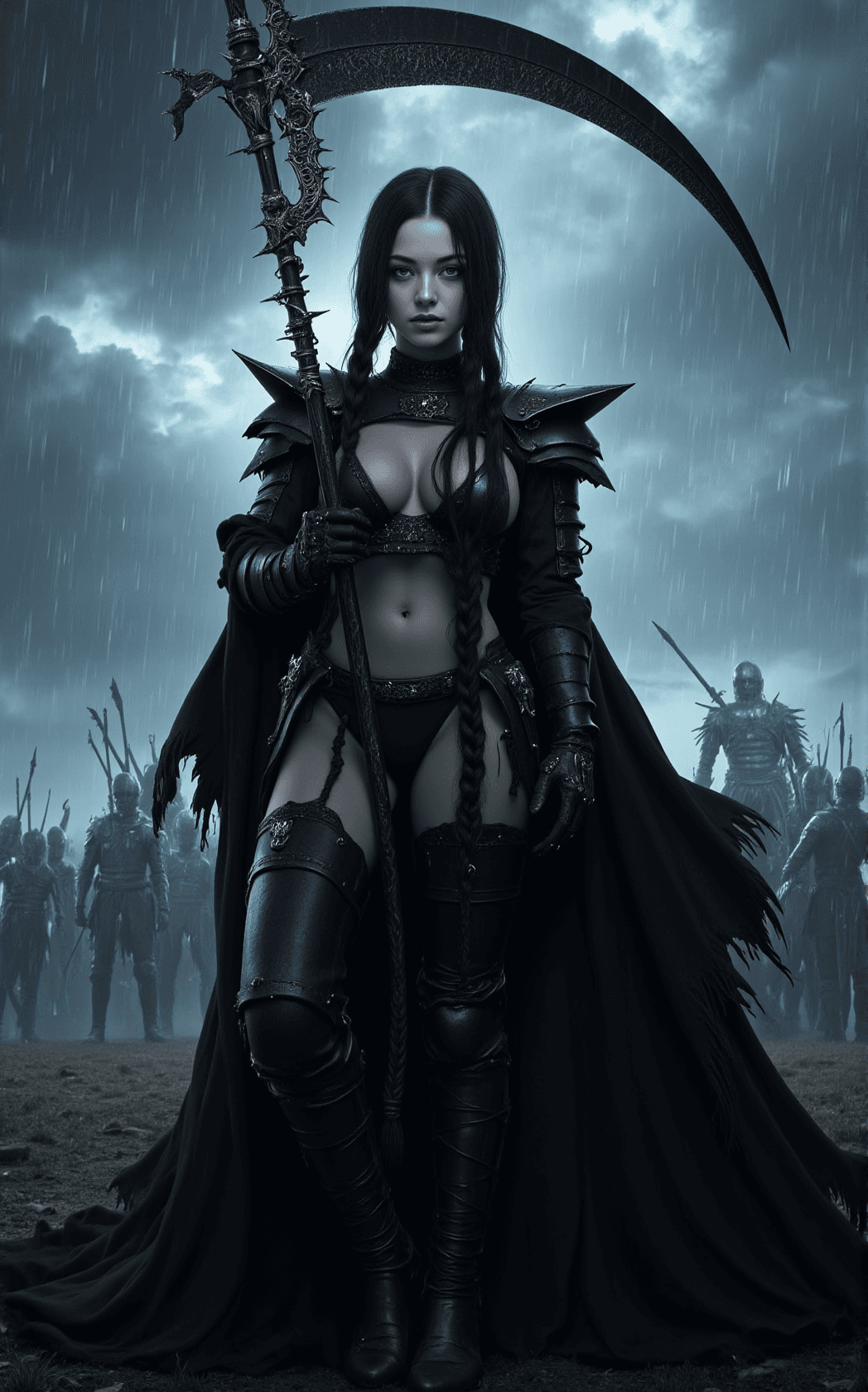 AI generated: Wednesday Addams, now a commanding gothic warrior queen, dominates a storm-lashed battlefield, her p...