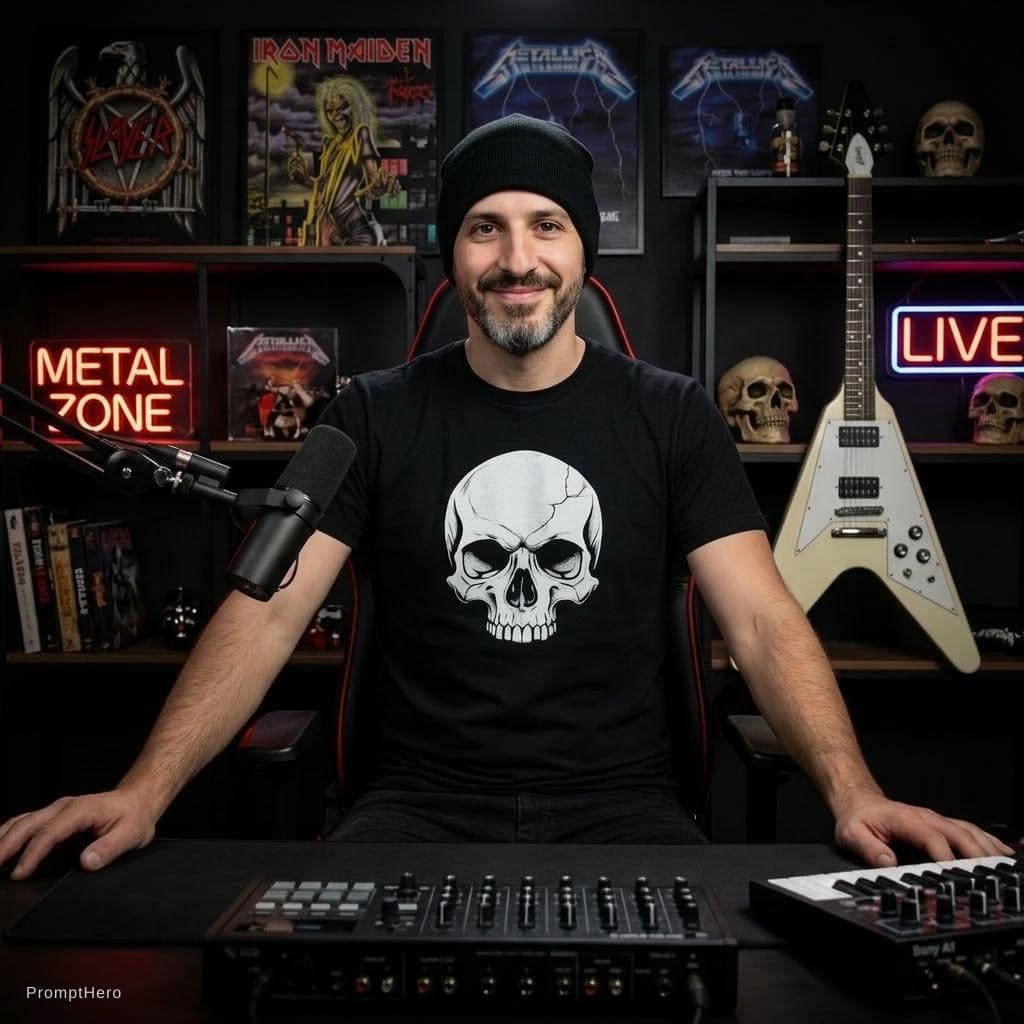 AI generated: A man in a streaming studio with a heavy metal aesthetic, looking directly at the camera; good light...