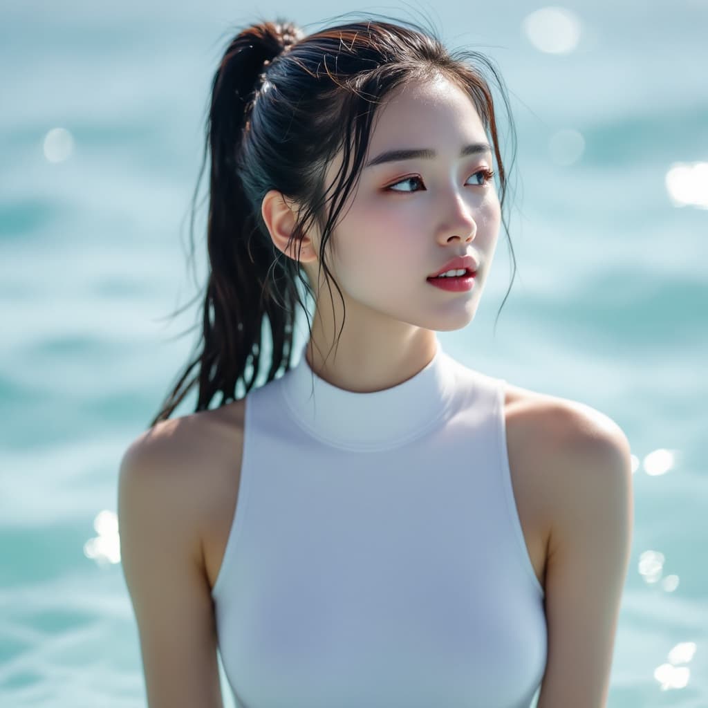 AI generated: High resolution image. A Korean woman in a white freediving suit. Her font view. Her gaze is to the ...