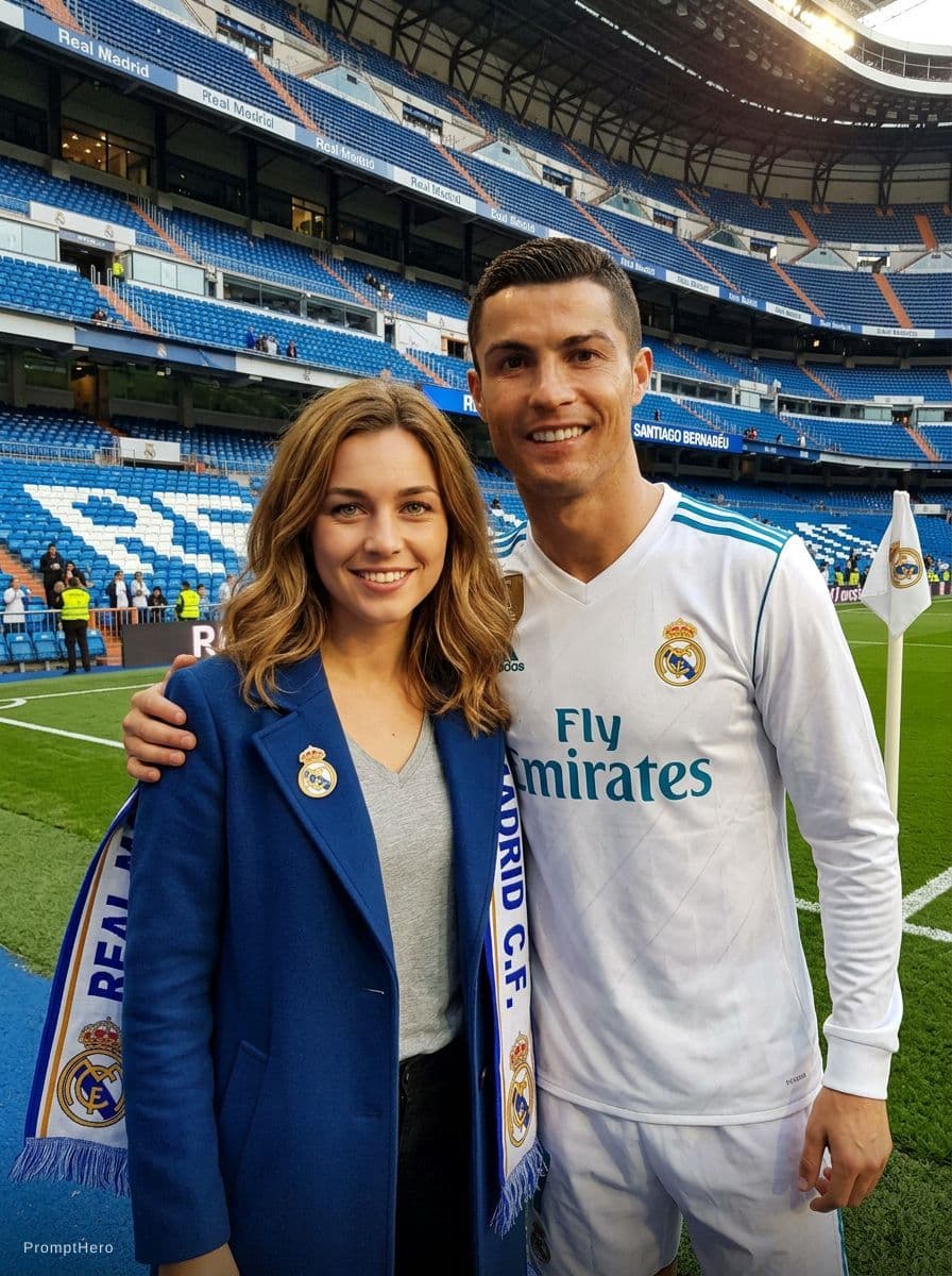 AI generated: Este chico y cristiano ronaldo en el bernabeu. Change that guy into a girl 
