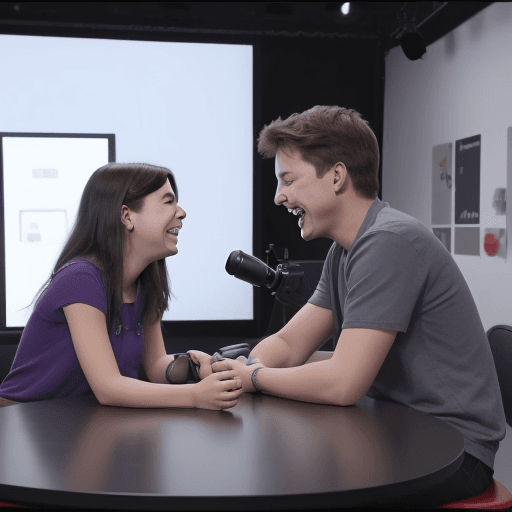 AI generated: A girl and a guy are sitting at a table and laughing, there is a red button on the table,they are in...