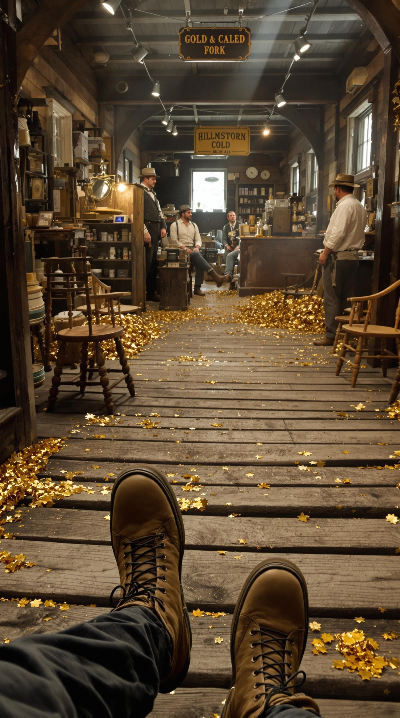 AI generated: first person POV, boots on wooden boardwalk, dusty general store interior ahead, other prospectors e...