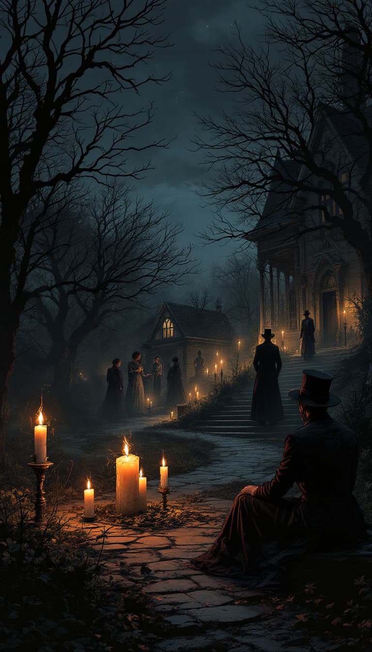 AI generated: Create a Victorian-style Penny Dreadful comic style image depicting a candlelit vigil, grieving fami...