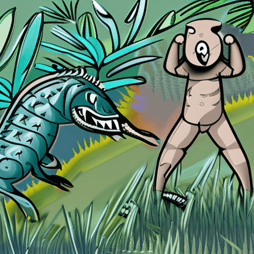 AI generated: Crocodile, humanoid, in jungle, nighttime 