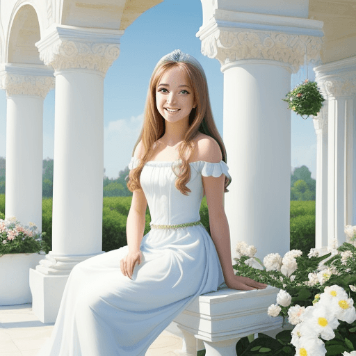 AI generated: Beutiful Princess Diane smiling and sitting on a stool, White palace, bright, pillars, purity, plant...