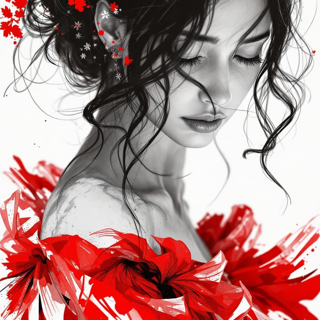 AI generated: "Closeup portrait of a beautiful sad woman with an elegant pose, wearing a flowy, of the shoulder, l...