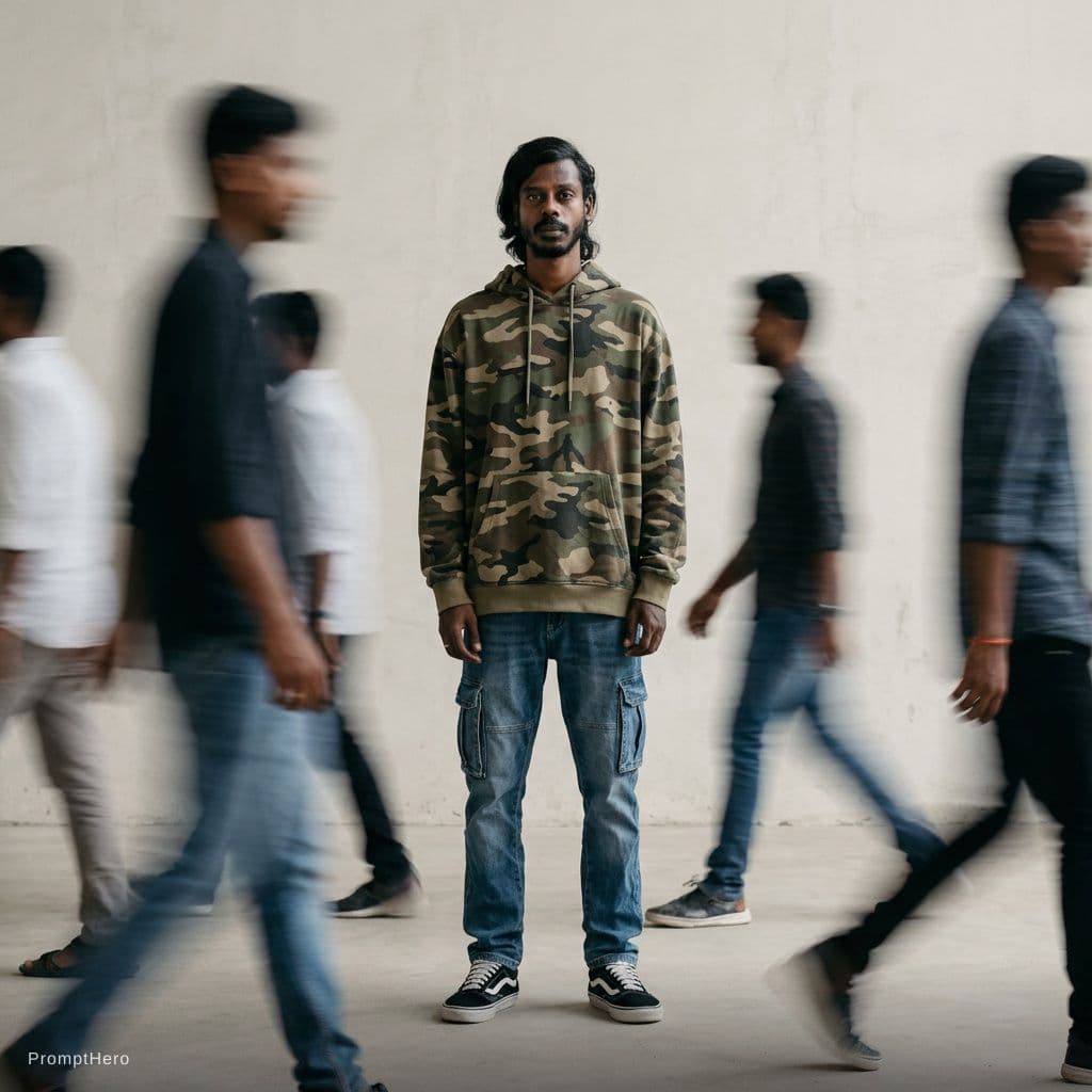AI generated: photography, snap shot, male model, front pose, full-body, surrounded by a blurred motion, wearing c...