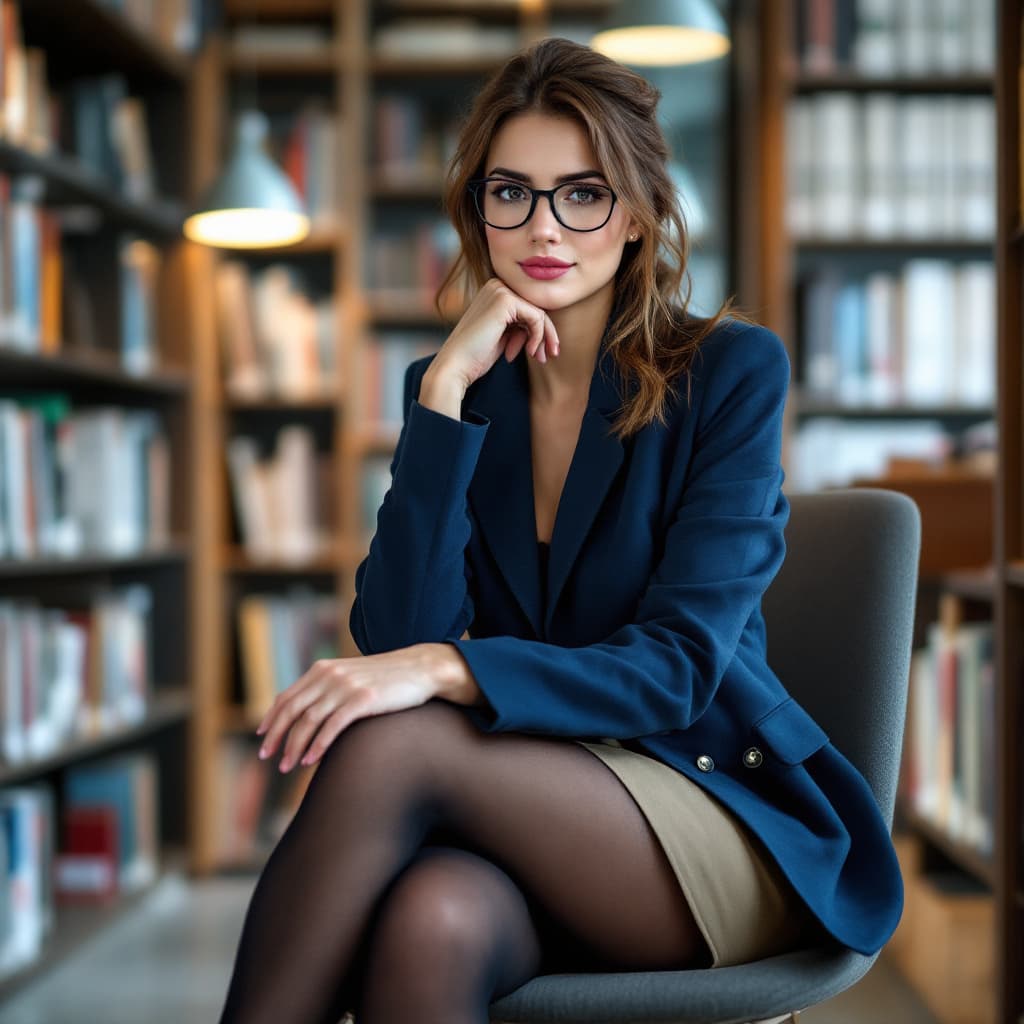 AI generated:  full body shot of a beautiful Caucasian professor, in a blue jacket and khaki miniskirt, black tigh...