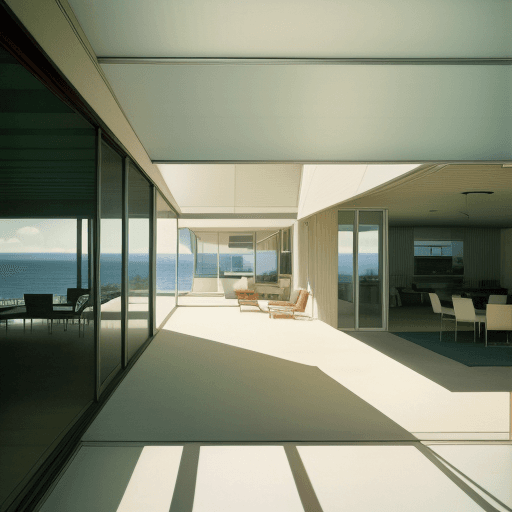 AI generated: Hyper realistic eye level exterior photo of a mid century modern style house overlooking the ocean, ...