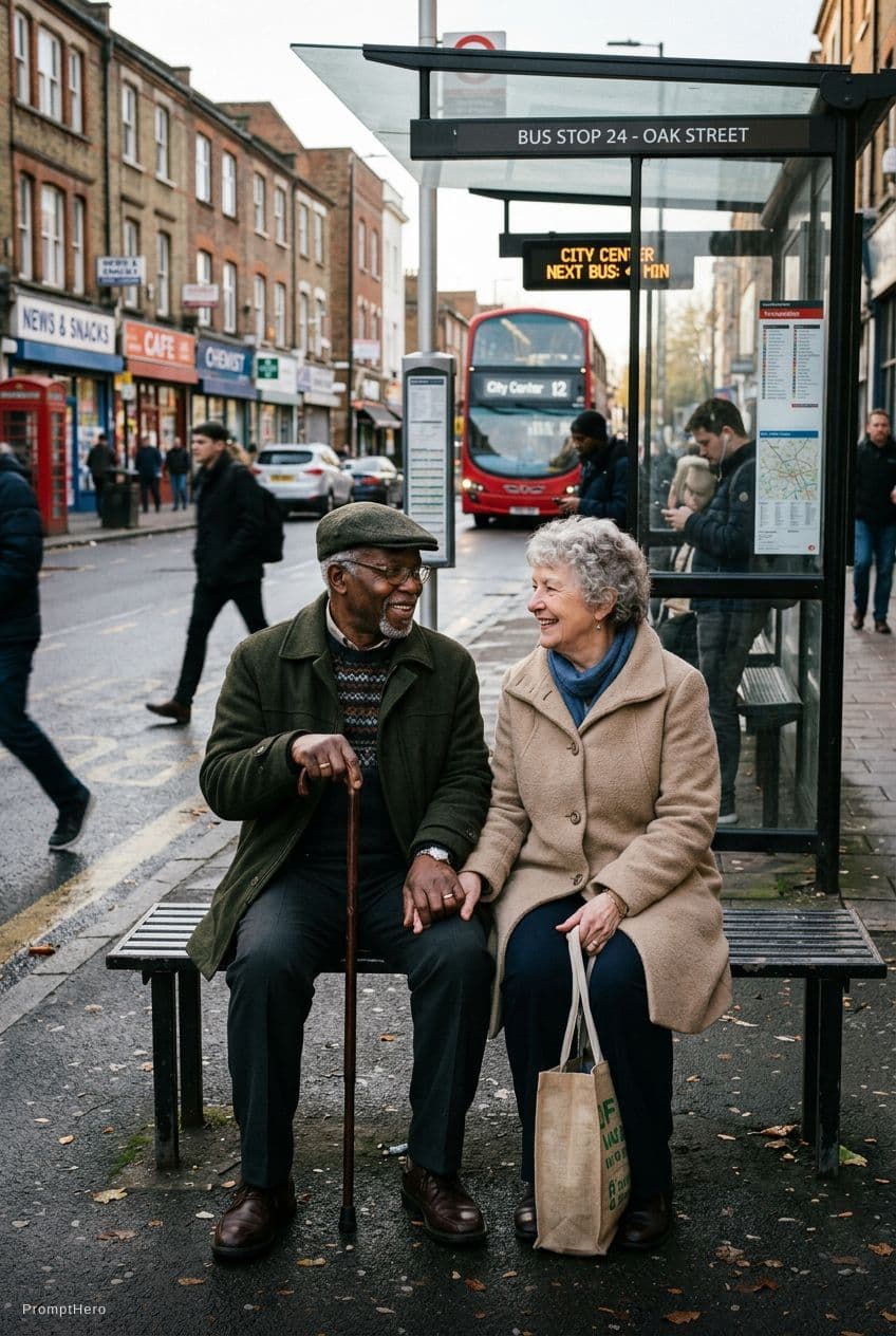 AI generated: Old black man waiting with his old white wife the bus 
