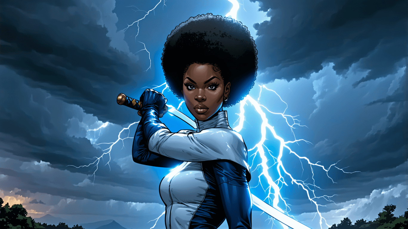 AI generated: The image shows a female superhero standing in front of a stormy sky with lightning bolts. She is ho...