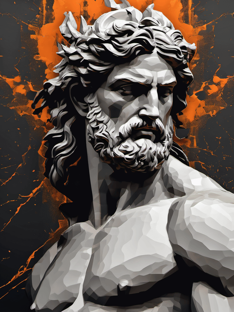 AI generated: digital portrait of a greek god, calm, in the style of dark orange and dark grey, depth of illustrat...