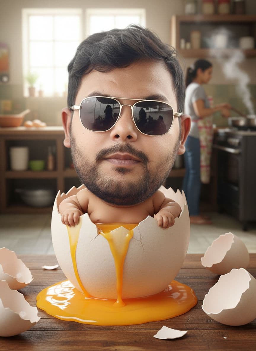 AI generated: Realistic-caricature of a big-headed baby with the face of an Indonesian adult man emerging from a n...