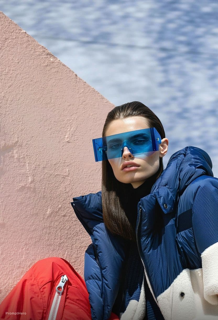 AI generated: Fashion shoot, Jacquemus and Moncler collaboration: dark blue translucent futuristic sunglasses, hyp...