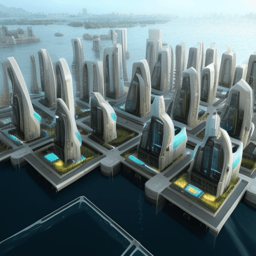 AI generated: futuristic  luxury city on water with basic houses