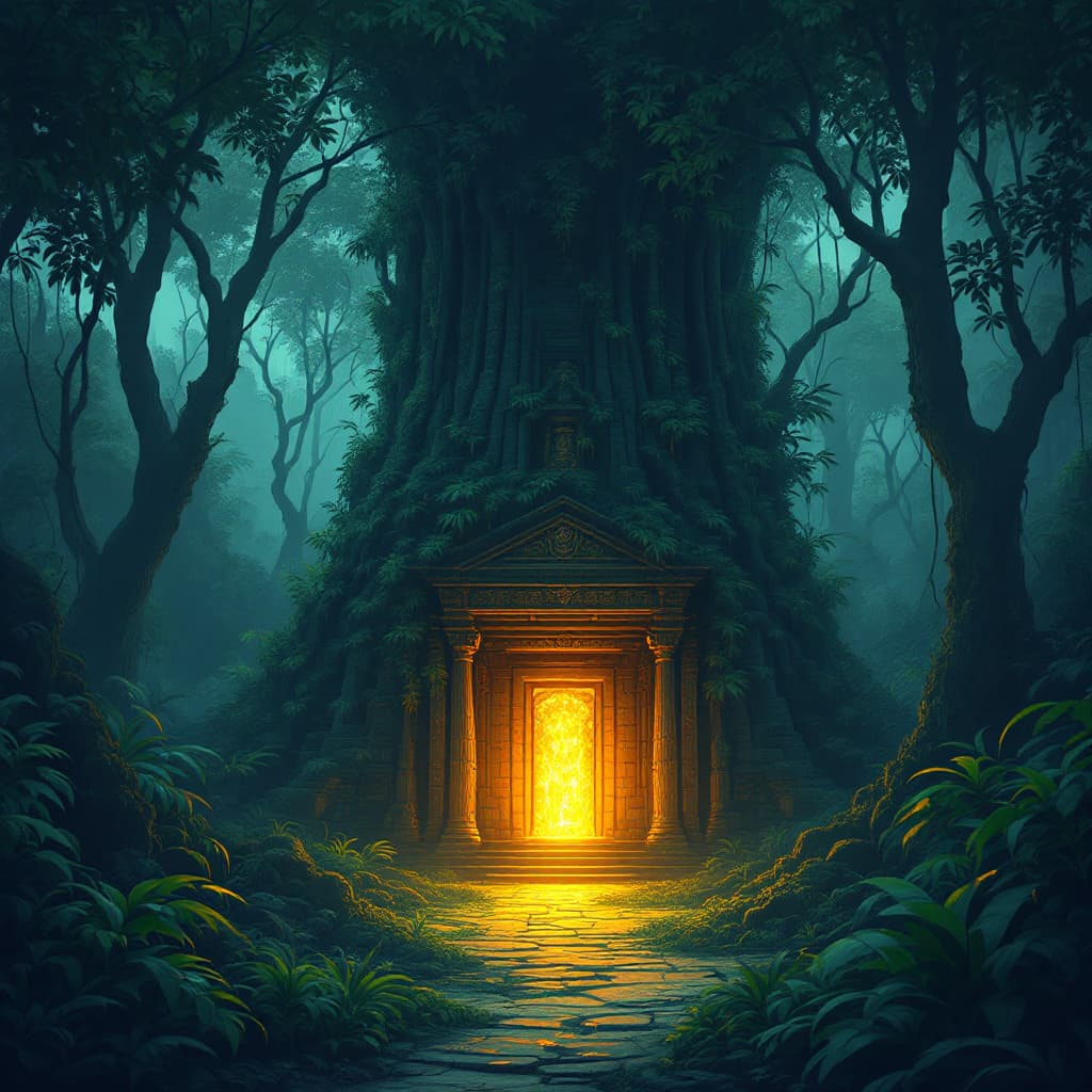 AI generated: First, generate a dense jungle. Now, add a hidden ancient temple in the center. Finally, include a g...