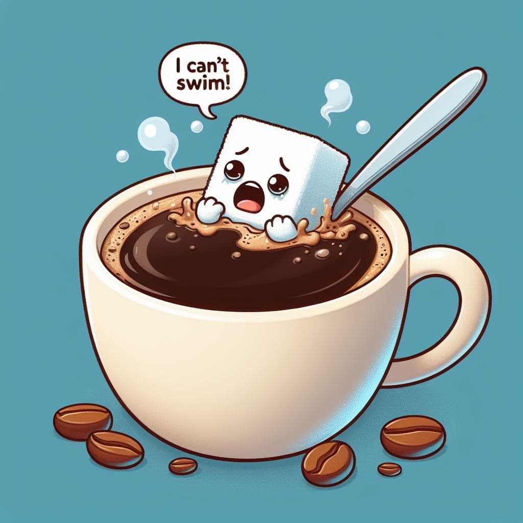 AI generated: Coffee in a mug, devouring a tiny whimsical sugarcube with legs, arms, and a worried expression.  Ve...