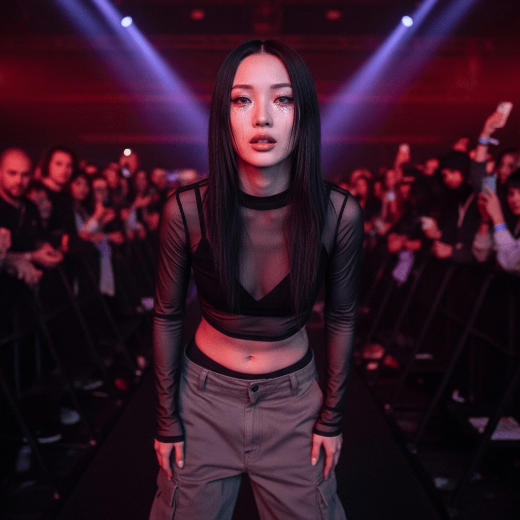 AI generated: A pale-skinned East Asian woman in her early 20s with a slender frame and long, straight black hair ...