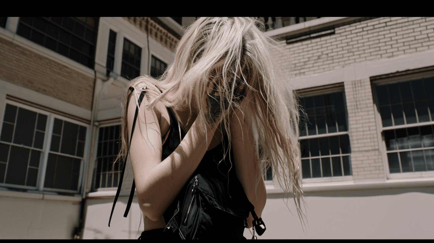 AI generated: street photography, candid shot, hasselblad X1D, woman with blonde hair, realistic skin, natural fea...