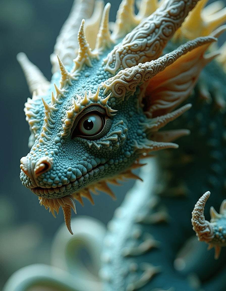 AI generated: close up dof render of a mythical creature made of detailed spiraling fractals and tendrils, detaile...