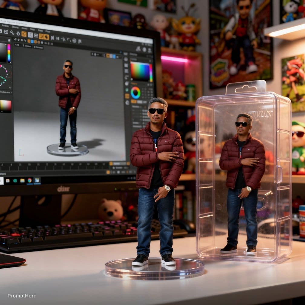 AI generated: Transforming the photographed person into a realistic 3D figurine in front of a computer desk. The c...
