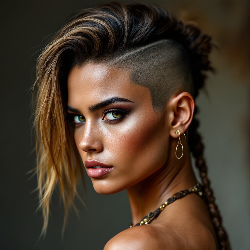 AI generated: indian warrior woman with shaved undercut hairstyle with a 3 inch top length swept back
