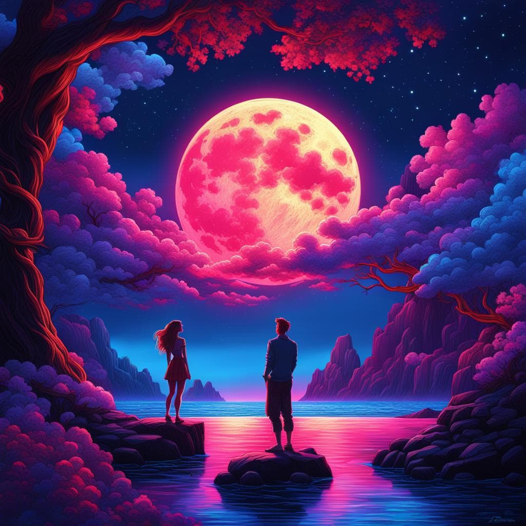 AI generated: a Mythical Disney Mythology couple in a neon light art, in the dark of night, moonlit seas, clouds, ...