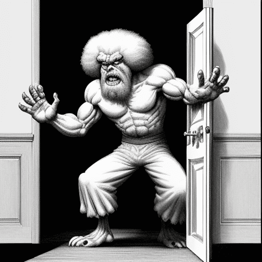 AI generated: Palm arms raised air angry look straight you will not pass through facial expression harsh. full bod...