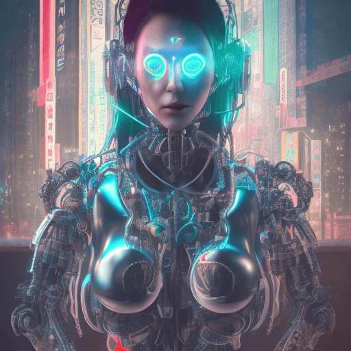 AI generated: A female cyborg demon, neon, tokyo skyline, bokeh, | centered| intricate| highly detailed| breathtak...