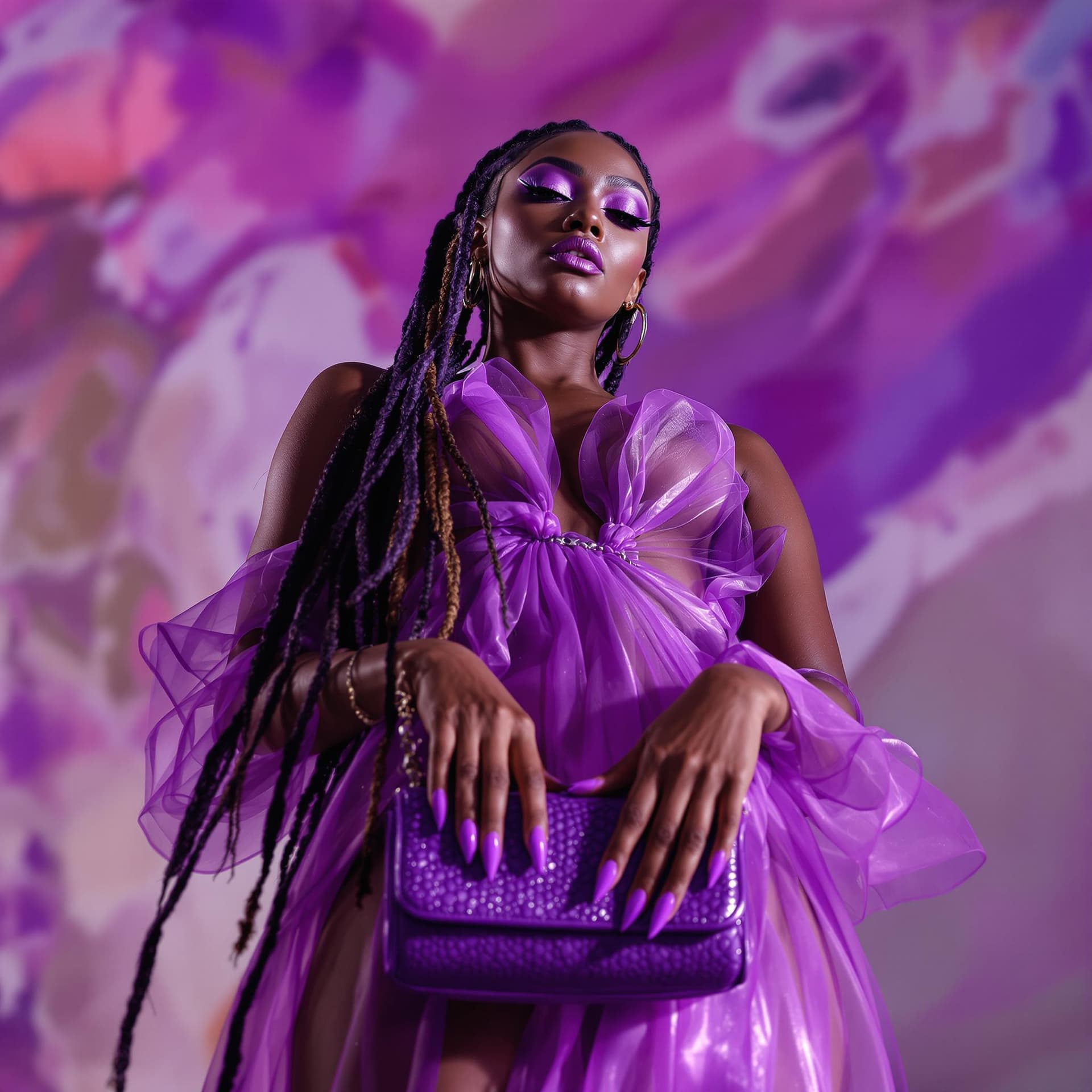 AI generated: Flux_style_vibrant. Hyper-detailed, dynamic full body shot, low angle view. African American woman w...