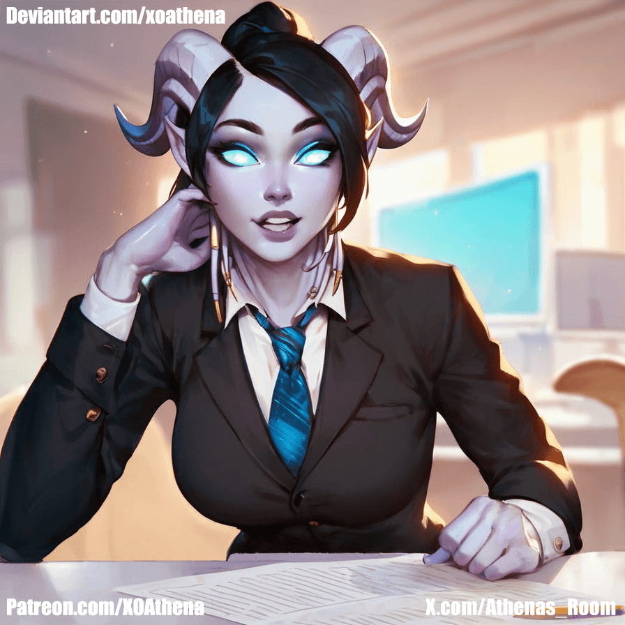 AI generated: 1draenei, secretary, black suit, tie, beautiful face, white skin, office, office background, smiling