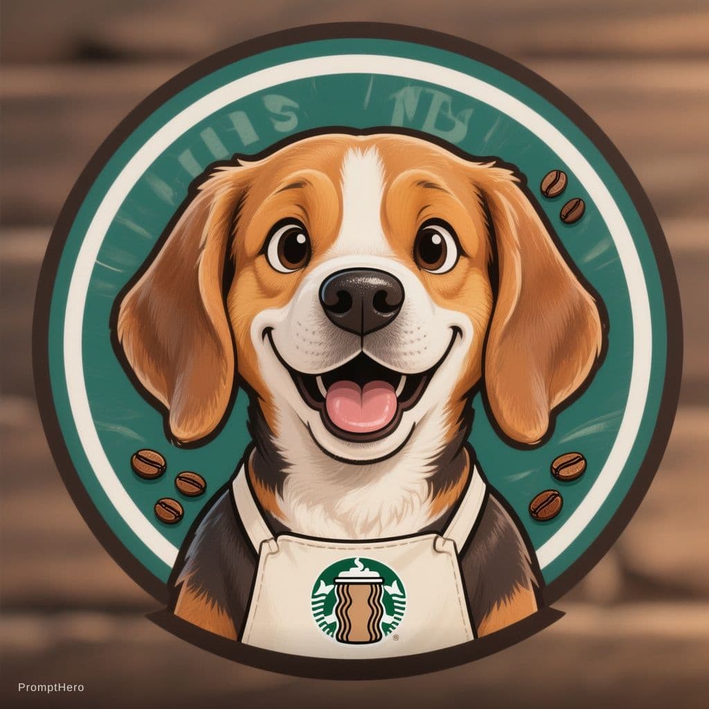 AI generated: Crea un logotipo divertido y de estilo caricatura inspirado en Starbucks. que presente a un perro de...