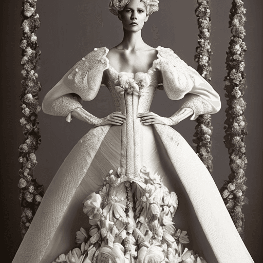 AI generated: Craft a high-fashion wedding dress seamlessly merging the elegance of Chantilly, with the contempora...