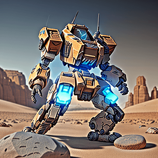 AI generated: A mechwarrior with back ankle ,electronics,details ,concept,in desert with rocks and stones,machineg...