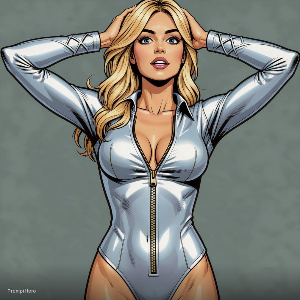 AI generated: Modern comic style. The blond model talks to the camera, hands behind her head.