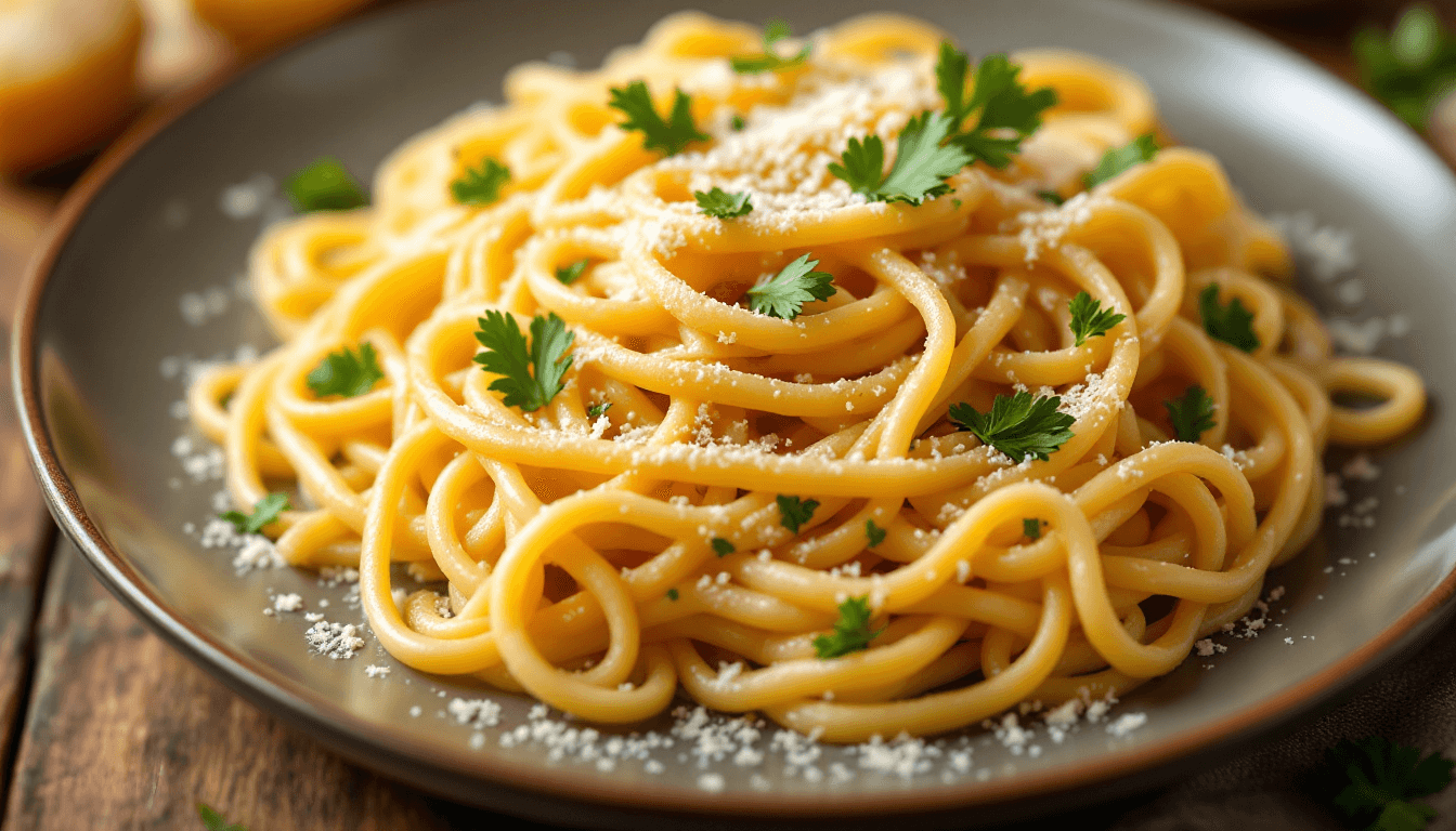 AI generated: A perfectly styled plate of pasta carbonara with fresh parsley and grated Parmesan, warm tones, ultr...