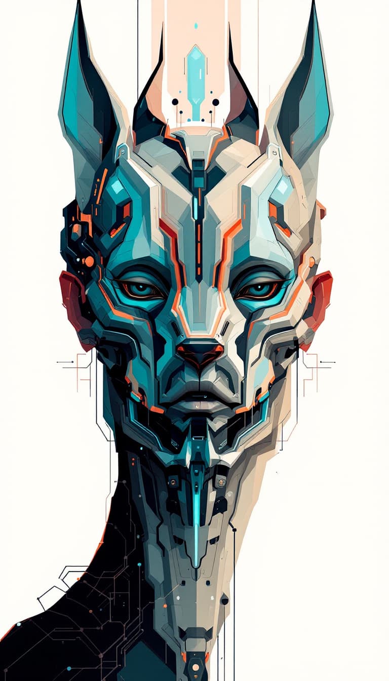 AI generated: an abstract head with animallike features, in the style of futuristic cyberpunk, james jean, light b...