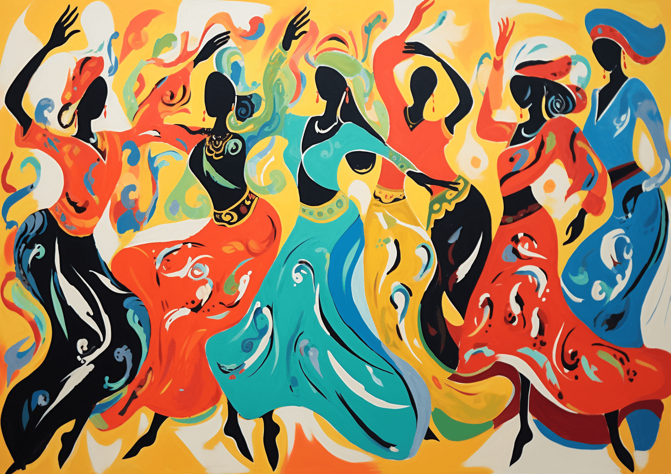 AI generated: brightly colored women are dancing, in the style of dau al set, calarts, whistlerian, basil gogos --...