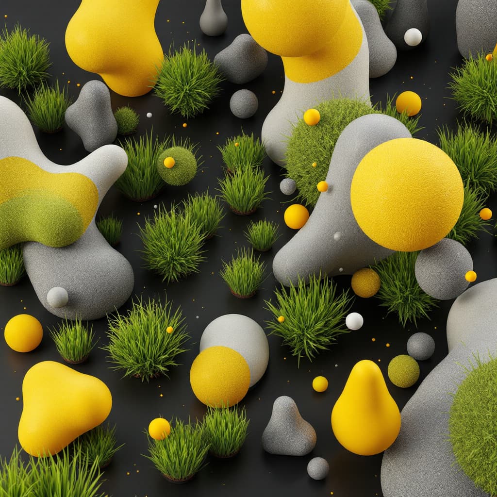 AI generated: 3D geometric shapes, grassy greens and bright yellows, extreme greys, various smooth textures, trans...