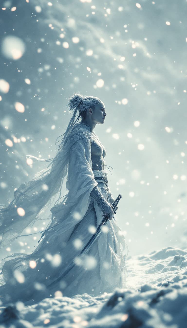 AI generated: A surreal movie scene, a Chinese ninja stands alone in a fierce snowstorm, holding a samurai sword i...