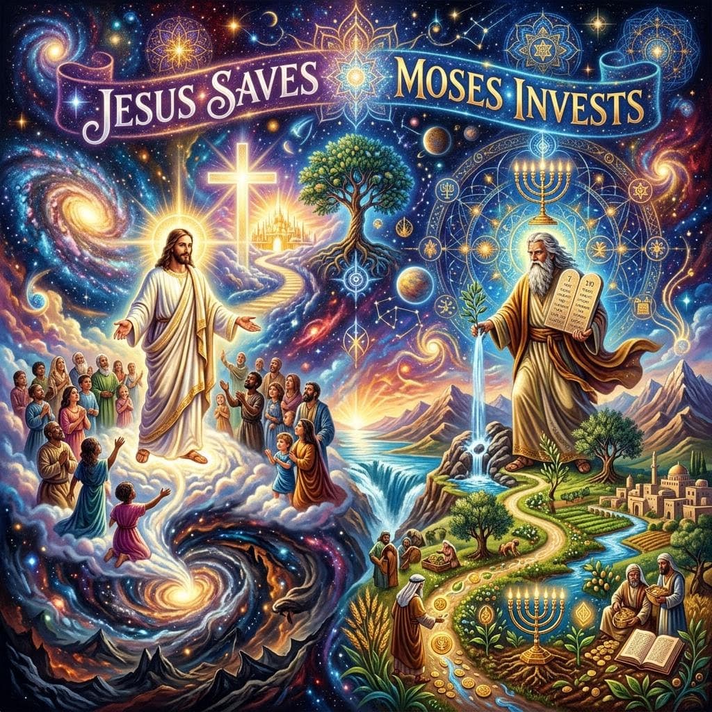AI generated: Create a captivating and visually stunning image of the saying, Jesus Saves while Moses Invests that...